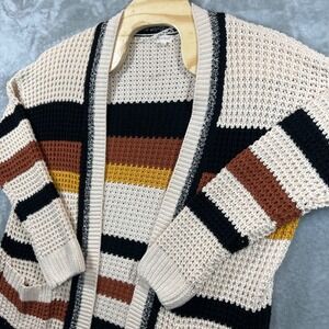 Hem & Thread Sweater Striped Cardigan Open Front Knit Boho Women's Large‎ Comfy